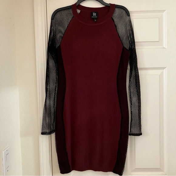 DEREK HEART Fishnet Sleeve Burgundy Sweater Dress Large - Picture 1 of 6